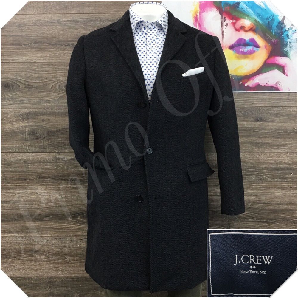 J CREW Mens Tweed Overcoat Long Coat Jacket Wool Size 42R Blazer Sport Quilted